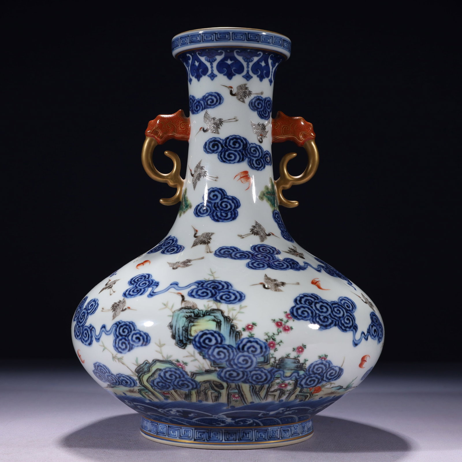 An Exquisite Blue and White Enamel Painted Gold Auspicious Cloud and Crane Pattern Double-Ears Vase (1 of 11)
