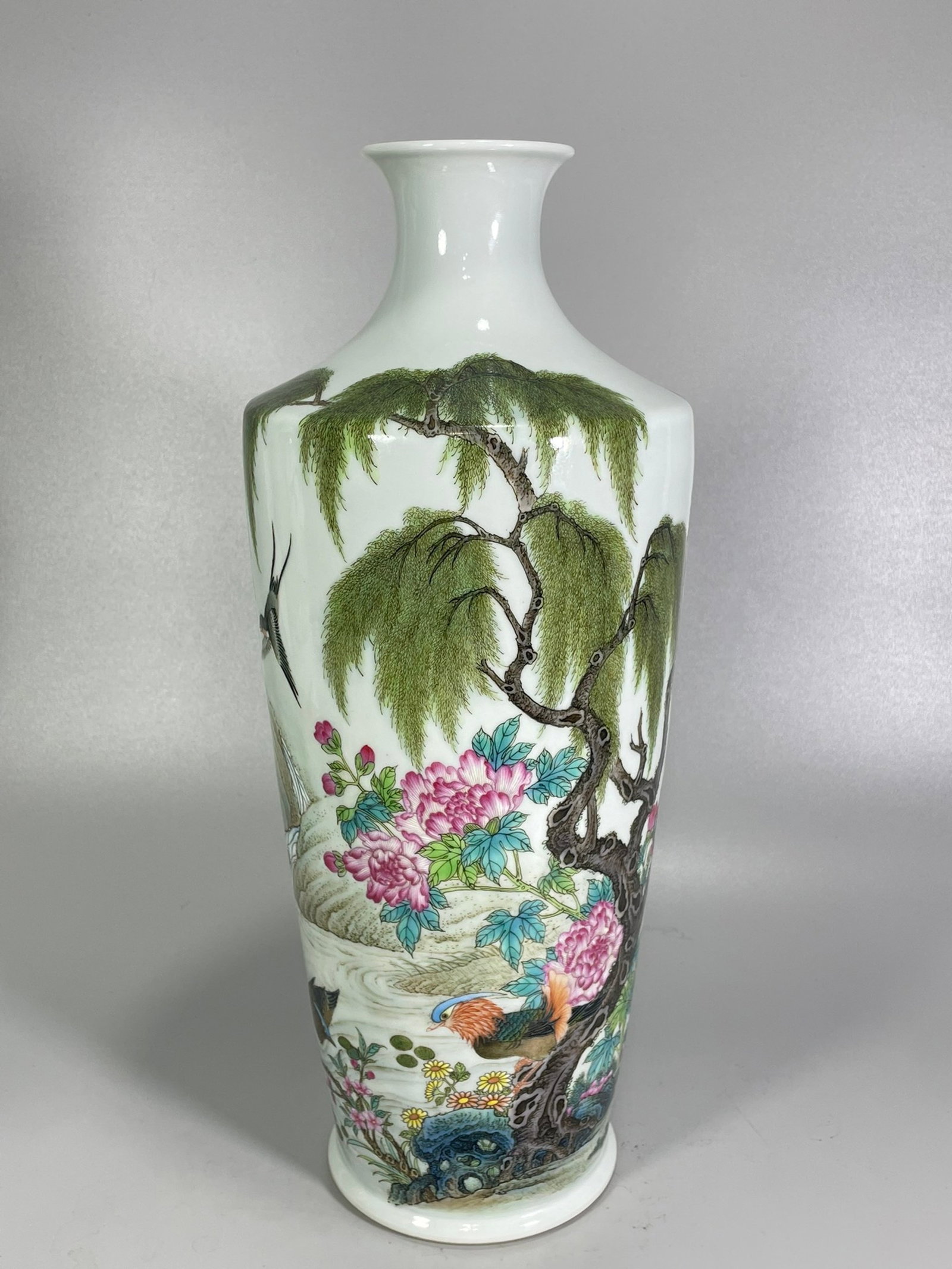 A Rare Famille-Rose Flower and Bird Pattern Vase,with poem: A Rare Famille-Rose Flower and Bird Pattern Vase,with poem,Qing Dynasty,China,Yongzheng Six-character Mark,Size:15.2inx6.3in 粉彩花鸟纹瓶,带诗文,&