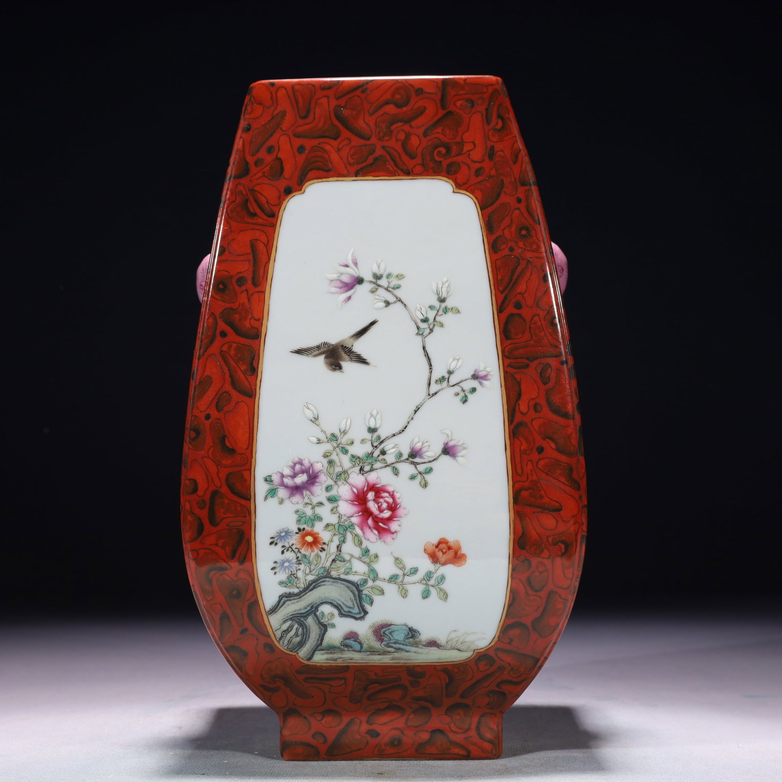 An Exquisite Imitation Wood Grain Glazed Famille-Rose Flower and Bird Pattern Beast-Ears Vase: An Exquisite Imitation Wood Grain Glazed Famille-Rose Flower and Bird Pattern Beast-Ears Vase,Qing Dynasty,China,Qianlong Six-character Mark,Size:5.5inx4.3inx10.4in,Weight:2050g 木纹ດ