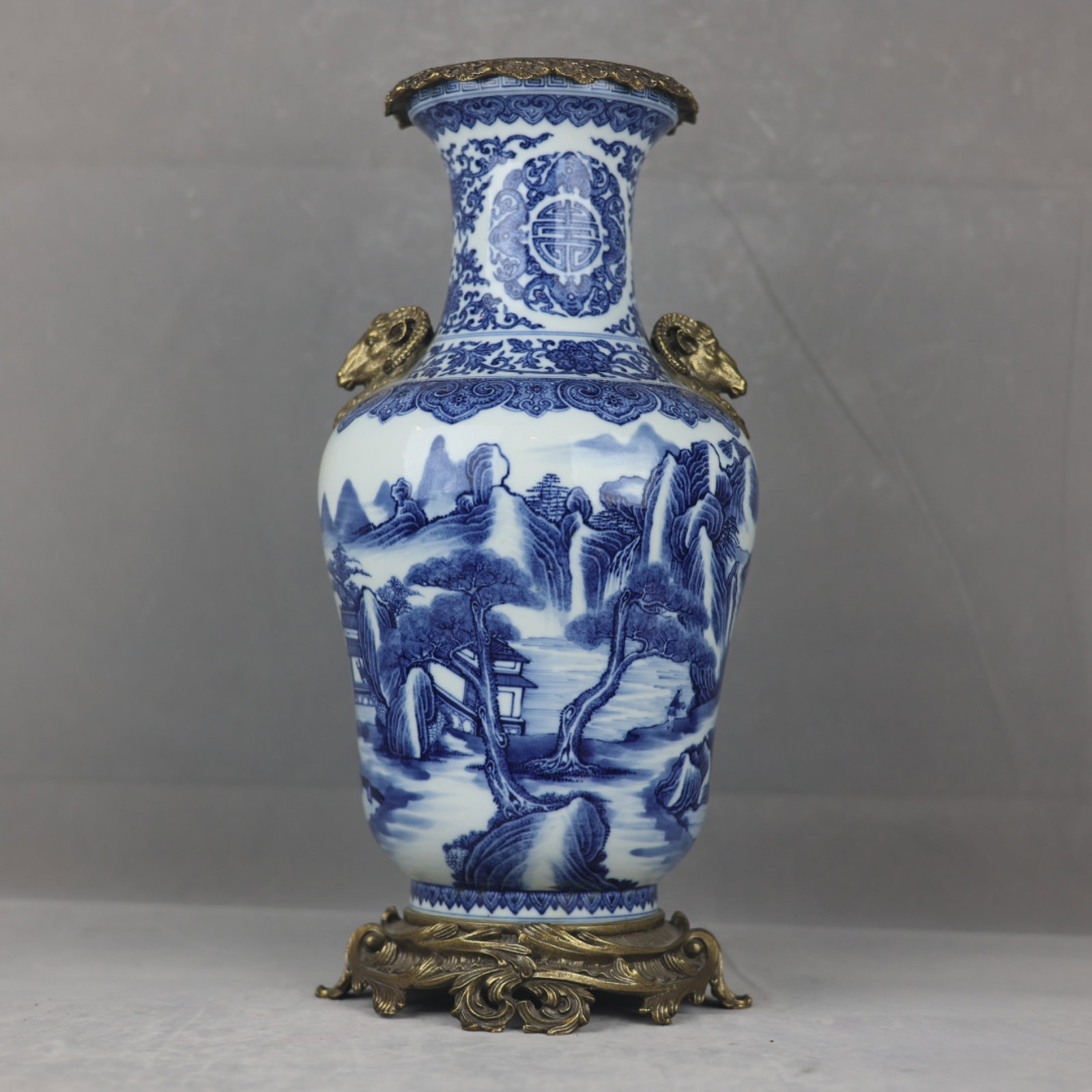 A Huge Blue and White Inlaid Gilt Bronze Landscape and Figure Pattern Sheep-Ears Vase (1 of 10)