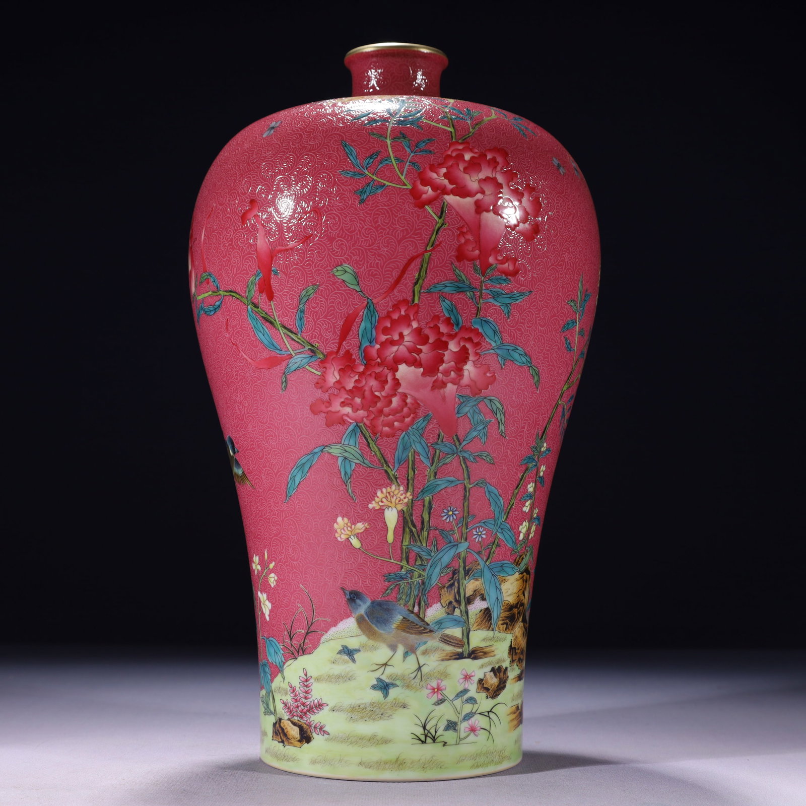 An Exquisite Ruby Red-Glazed Famille-Rose Painted Gold Flower and Bird Pattern Vase,with poem: An Exquisite Ruby Red-Glazed Famille-Rose Painted Gold Flower and Bird Pattern Vase,with poem,Qing Dynasty,China,Yongzheng Six-character Mark,Size:6.7inx13.4in,Weight:2550g 胭脂红
