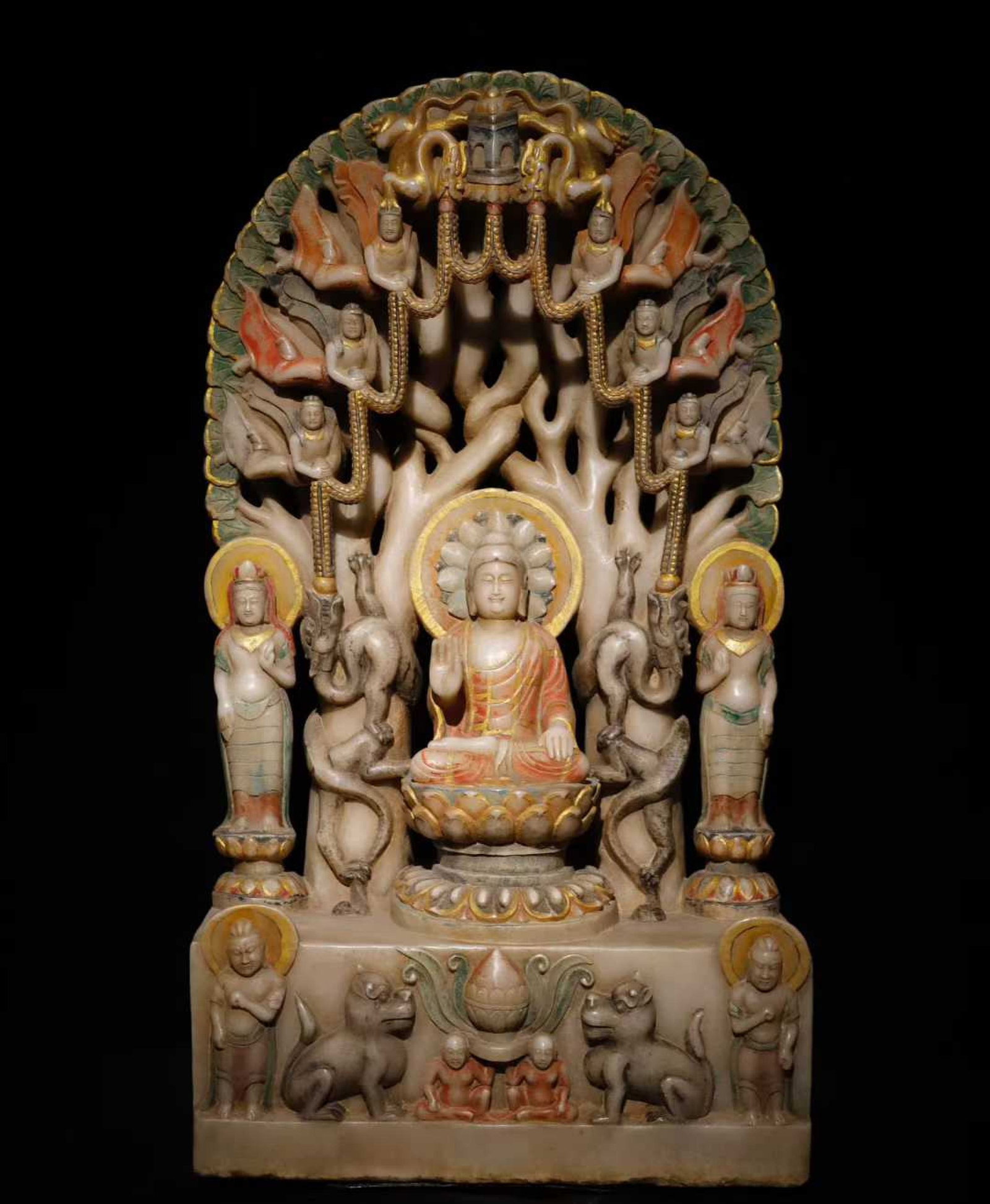 A Solemn Marble Painted Color Statue of Sakyamuni: A Solemn Marble Painted Color Statue of Sakyamuni,Tang Dynasty,China,Size:34.6inx18.9inx9.8in 汉白玉彩绘释迦摩尼像,中国唐&