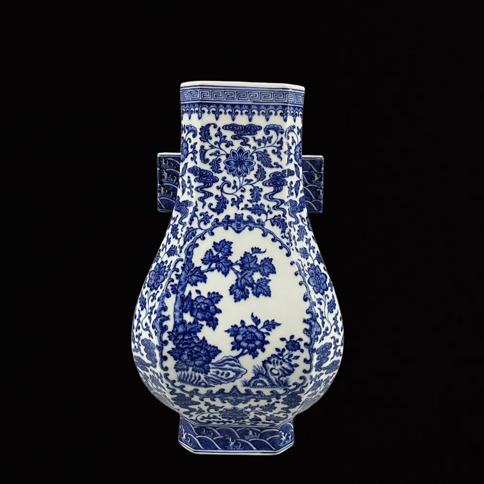 A Rare Blue and White Lotus Pattern Double-Ears Vase: A Rare Blue and White Lotus Pattern Double-Ears Vase,Qing Dynasty,China,Qianlong Six-character Mark,Size:15inx8.3in 青花缠枝莲纹双耳瓶,中