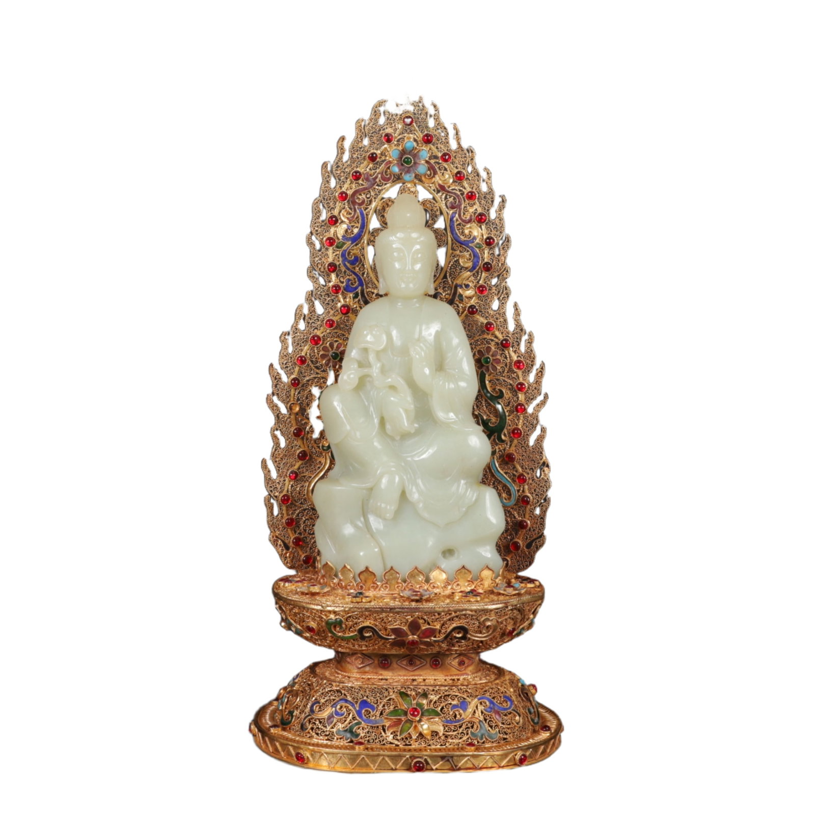 An Exquisite Gilt Bronze Inlaid White Jade Statue of Avalokitesvara,Inlaid Gems: An Exquisite Gilt Bronze Inlaid White Jade Statue of Avalokitesvara,Inlaid Gems,Qing Dynasty,China,Size:(Figure)6.3inx4.7inx14.2in,(Box)16.5inx13inx6.7in,Weight:1800g 铜鎏金嵌&