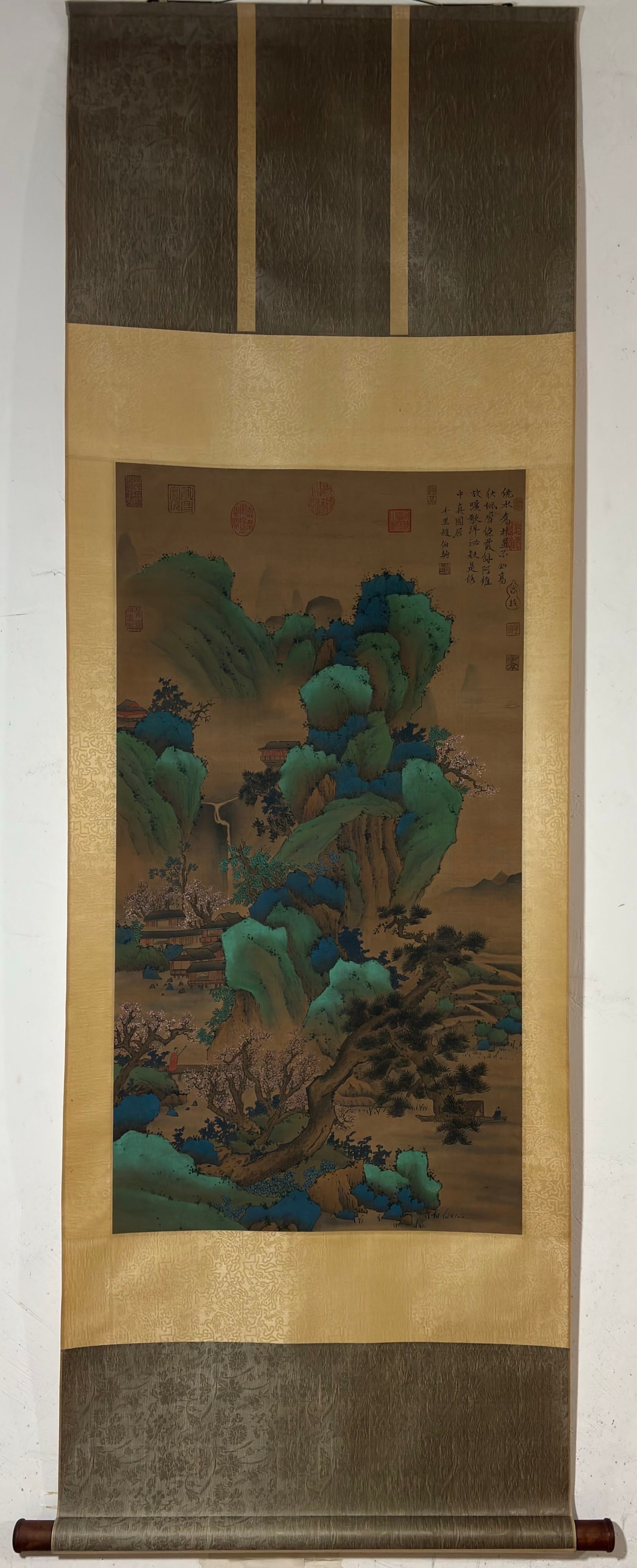 A Chinese Vertical Scroll Ink Painting of Landscape on Silk: A Chinese Vertical Scroll Ink Painting of Landscape on Silk,Zhao Boju,Size:37.2inx19.9in 一幅中国水墨绢本山水画立轴,ล