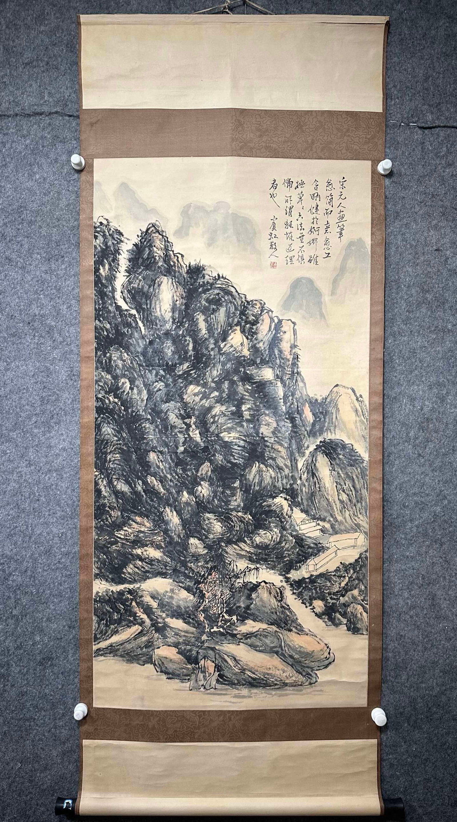 A Chinese Vertical Scroll Ink Painting of Landscape on Paper: A Chinese Vertical Scroll Ink Painting of Landscape on Paper,Huang Binhong,Size:27inx53.5in