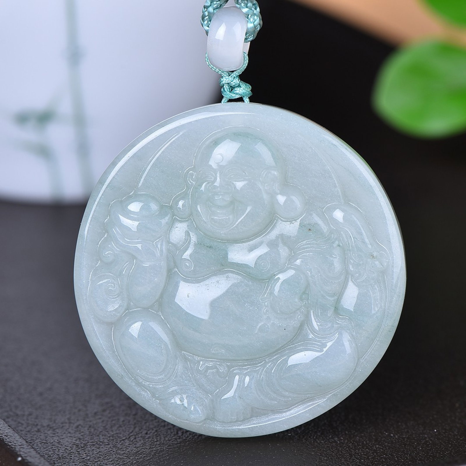 An Exquisite Jadeite Statue of Maitreya Buddha Pendant: An Exquisite Jadeite Statue of Maitreya Buddha Pendant,Size:1.9inx1.9in 翡翠弥勒佛挂件