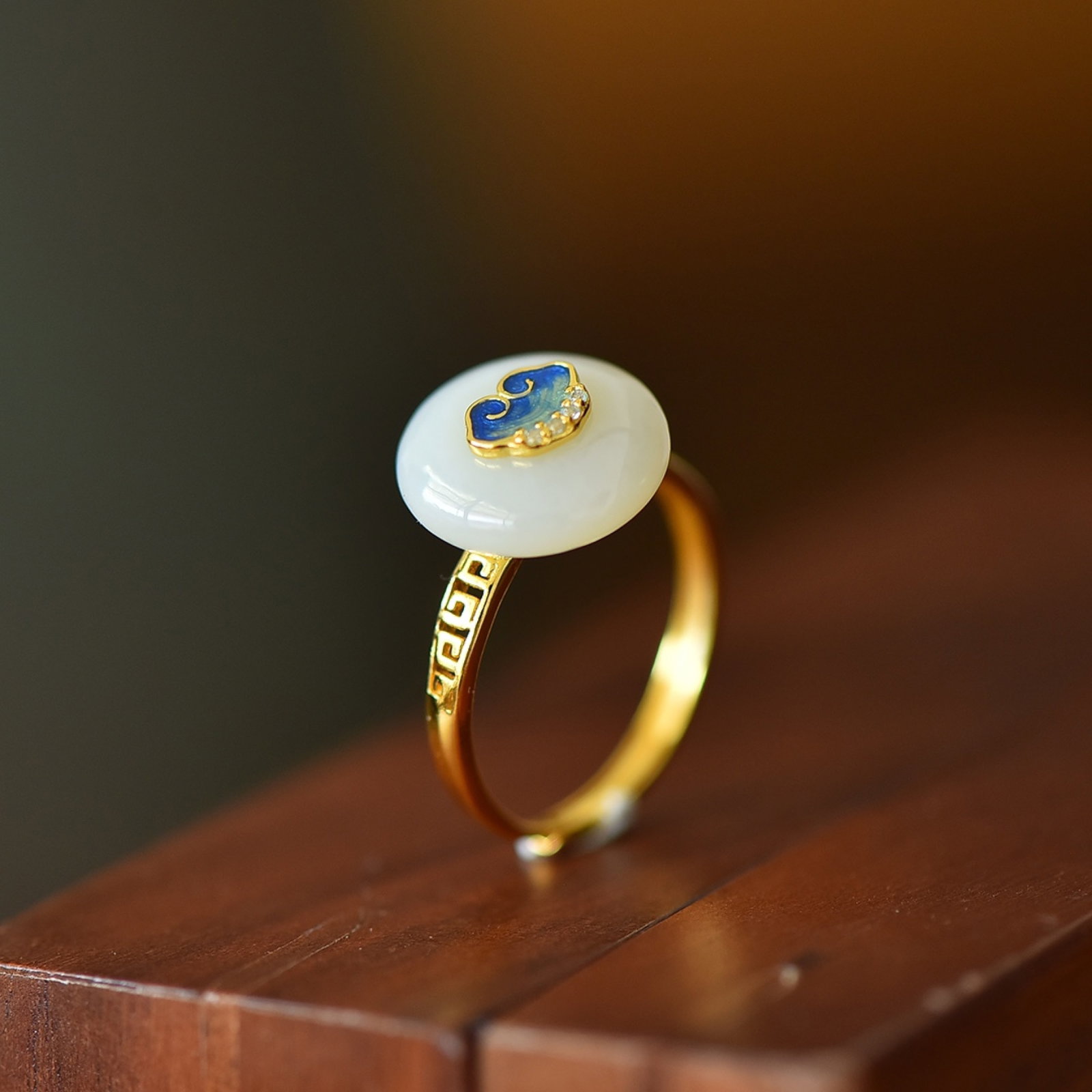 An Exquisite Sterling Silver-Gold Plated Inlaid White Jade Enamel Ring,Inlaid Diamond (1 of 2)