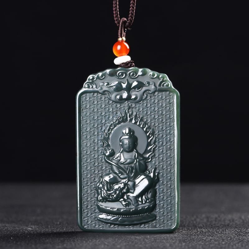 An Exquisite Cyan jade Statue of Manjusri Pendant: An Exquisite Cyan jade Statue of Manjusri Pendant,Size:2.5inx1.5inx0.3in 青玉文殊菩萨像挂件