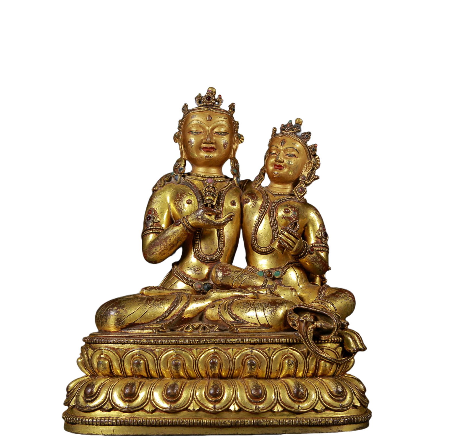 A Magnificent Gilt-Bronze Gem-Inlaid Figure Of Bodhisattva: A Magnificent Gilt-Bronze Gem-Inlaid Figure Of Bodhisattva. Seated on a base with a peaceful expression, body adorned with jewelry ornaments, topknot surmounted by a splendid diadem. Chinese Ming Dyna