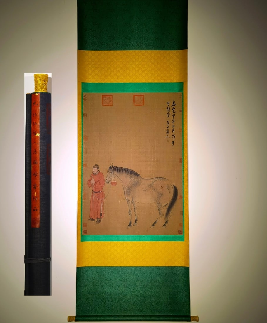A Chinese Vertical Scroll Ink Painting of Figure and Horse on Silk,Ren Renfa: A Chinese Vertical Scroll Ink Painting of Figure and Horse on Silk,Ren Renfa,Size:(entirety)99.2inx31.9in,(Without frame)40.6inx28.7in 一幅中国水墨绢本&