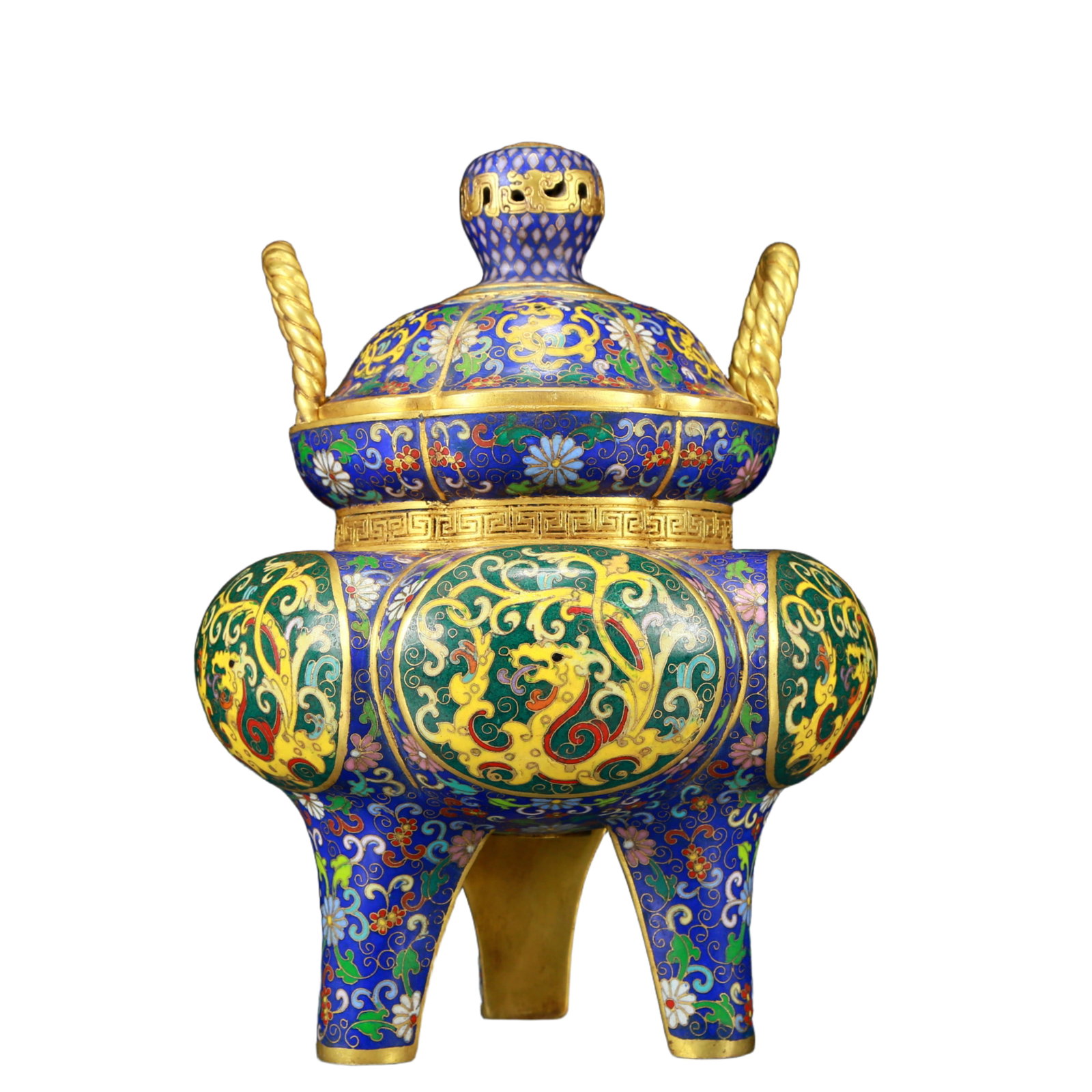 An Exquisite Cloisonne Lotus and Dragon Pattern Double-Ears and Tripod Censer with Cover - 7