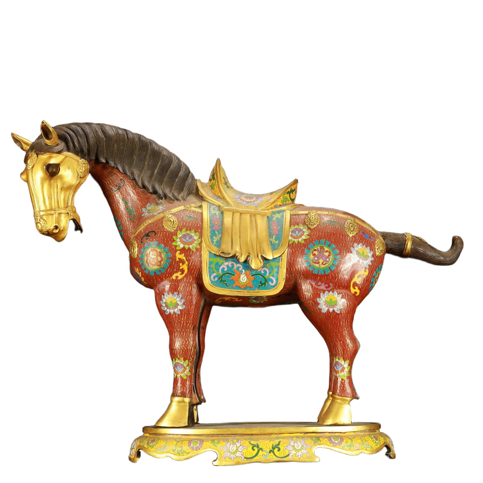 A Huge Cloisonne Lotus Pattern Horse Ornament: A Huge Cloisonne Lotus Pattern Horse Ornament,(A type of enamelware with metal wires separating colored glaze, originating in China),Qing Dynasty,China,Qianlong Four-character Mark,Size:23.6inx16.5inx
