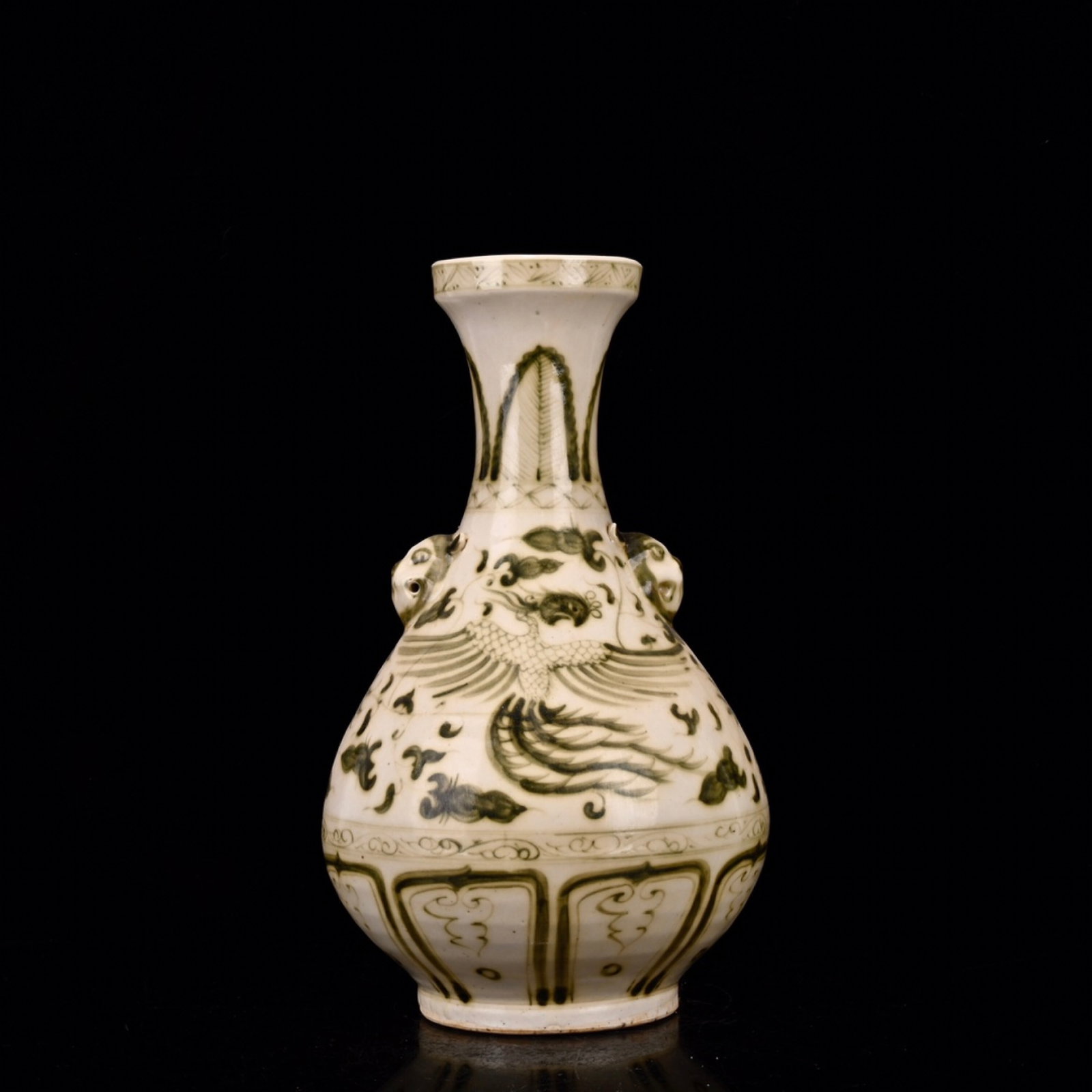 A Rare White Ground Brown Glazed Auspicious Cloud and Phoenix Pattern Beast-Ears Vase (1 of 9)