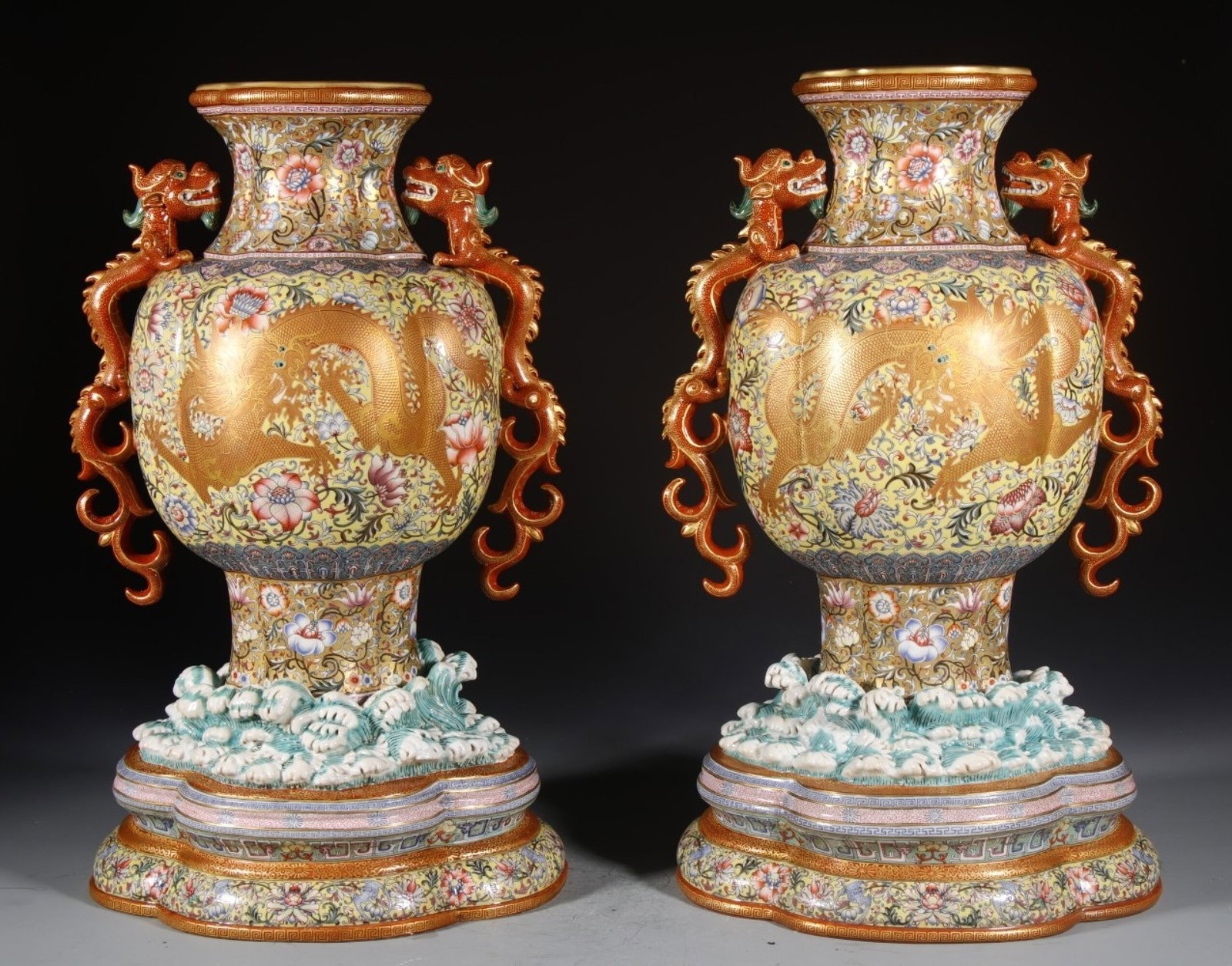 A Pair of Huge Enamel Gold Ground Lotus and Dragon Pattern Dragon-Ears Vases (1 of 9)