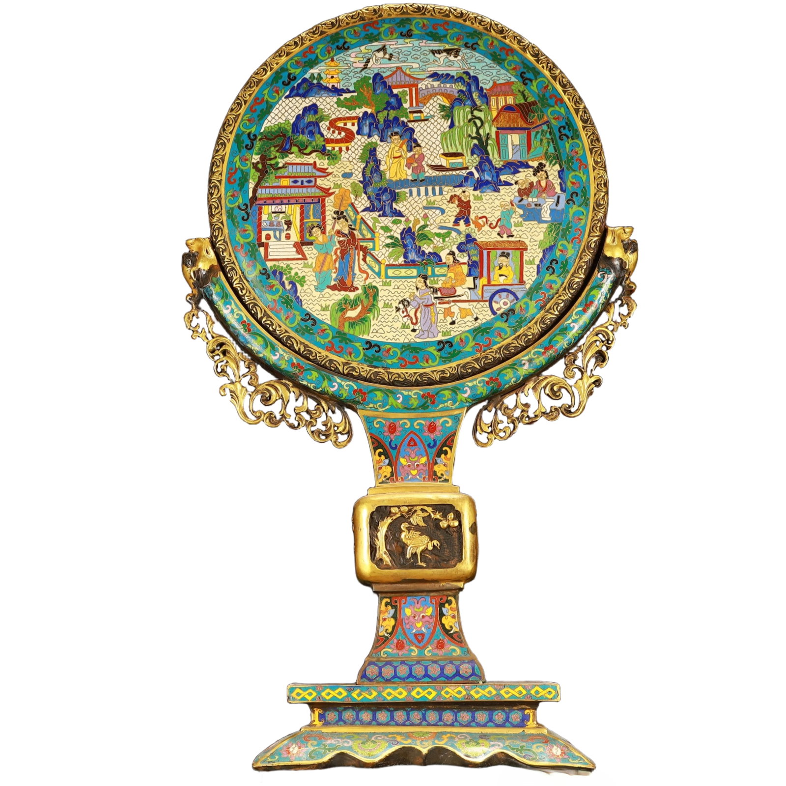 A Huge Cloisonne Lotus and Figure Pattern Screen: A Huge Cloisonne Lotus and Figure Pattern Screen,(A type of enamelware with metal wires separating colored glaze, originating in China),Qing Dynasty,China,Size:14.6inx6.7inx24.4in,Weight:15000g