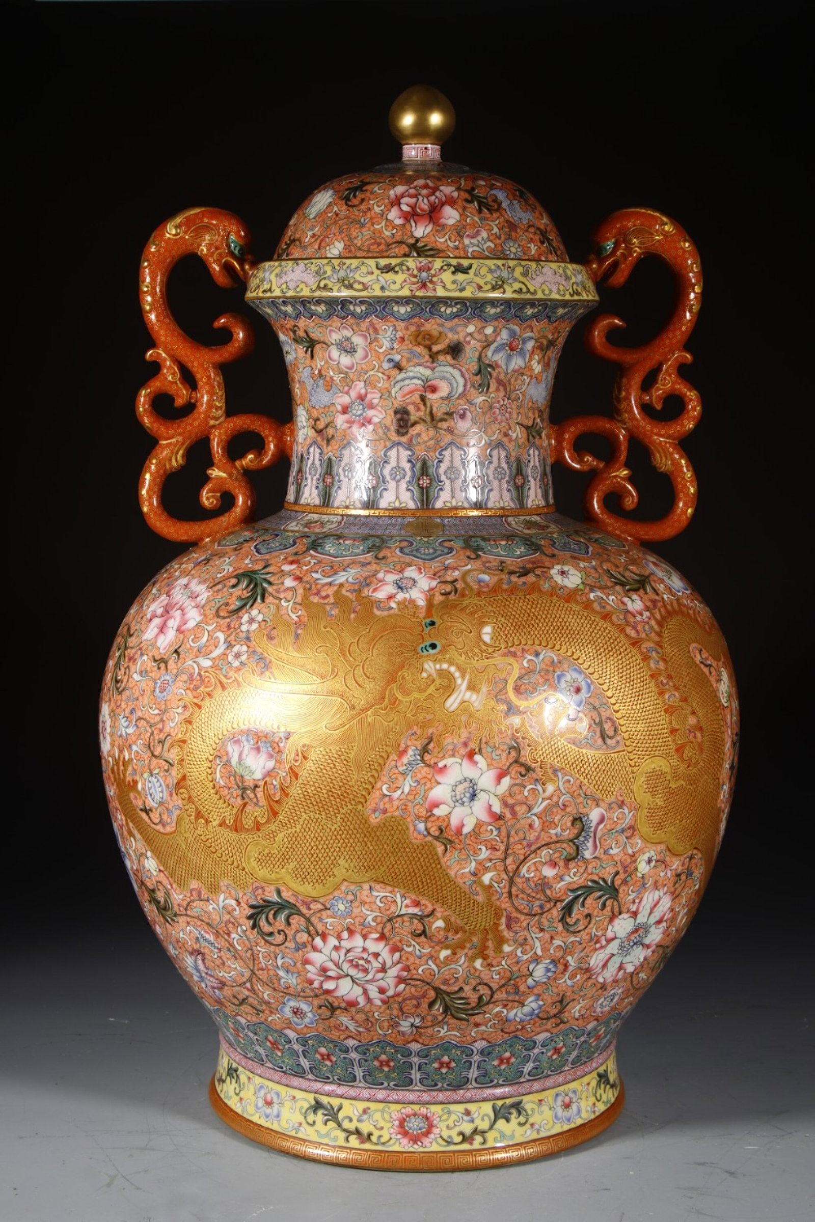 A Huge Enamel Painted Gold Lotus and Dragon Pattern Dragon-Ears Cover Jar: A Huge Enamel Painted Gold Lotus and Dragon Pattern Dragon-Ears Cover Jar, Qing Dynasty, China,Qianlong Four-character Mark,Size:23.6inx6.9inx8.7in 珐琅彩描金缠