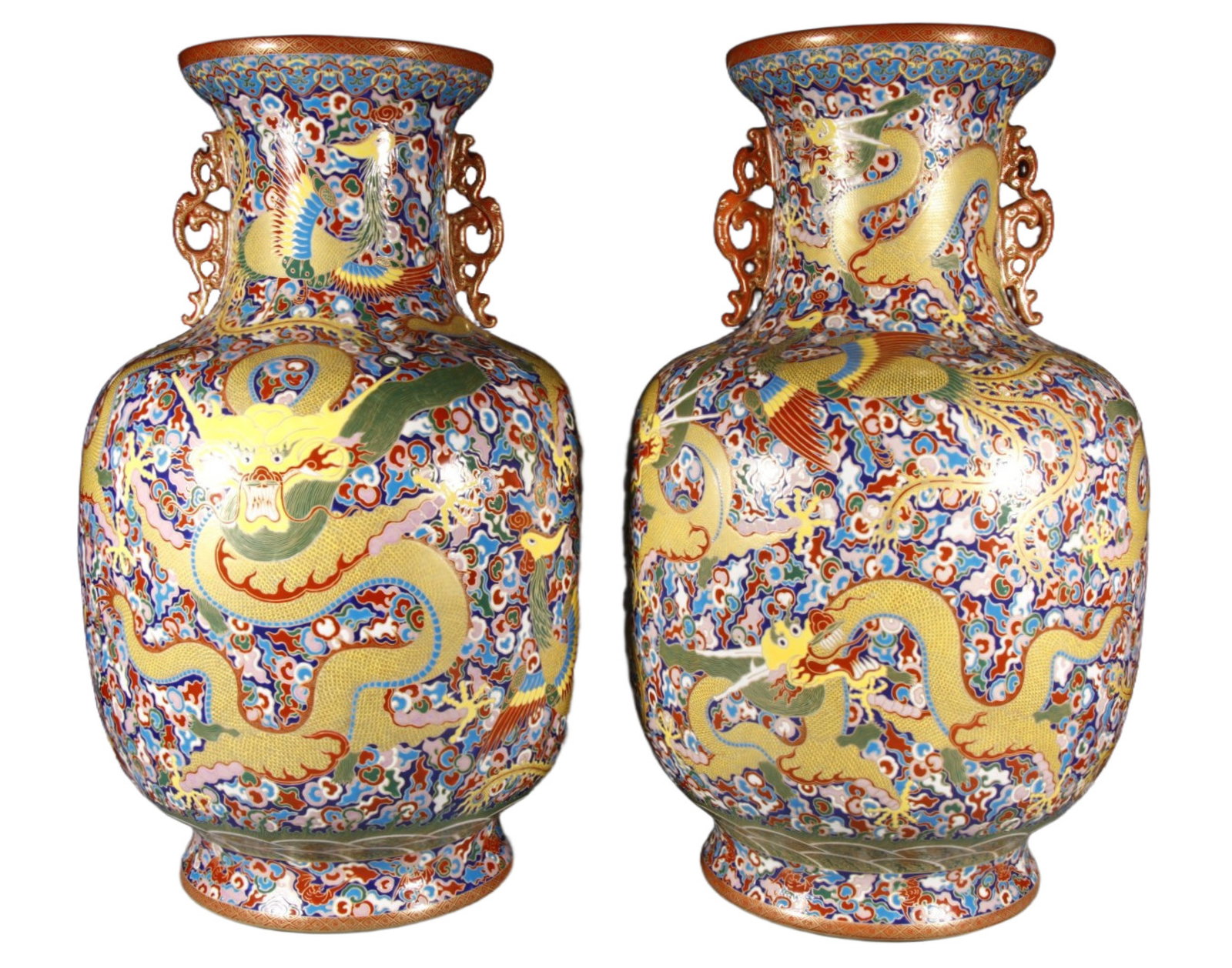 A Pair of Huge Enamel Painted Gold Auspicious Cloud,Dragon and Phoenix Pattern Double-Ears Vases (1 of 9)