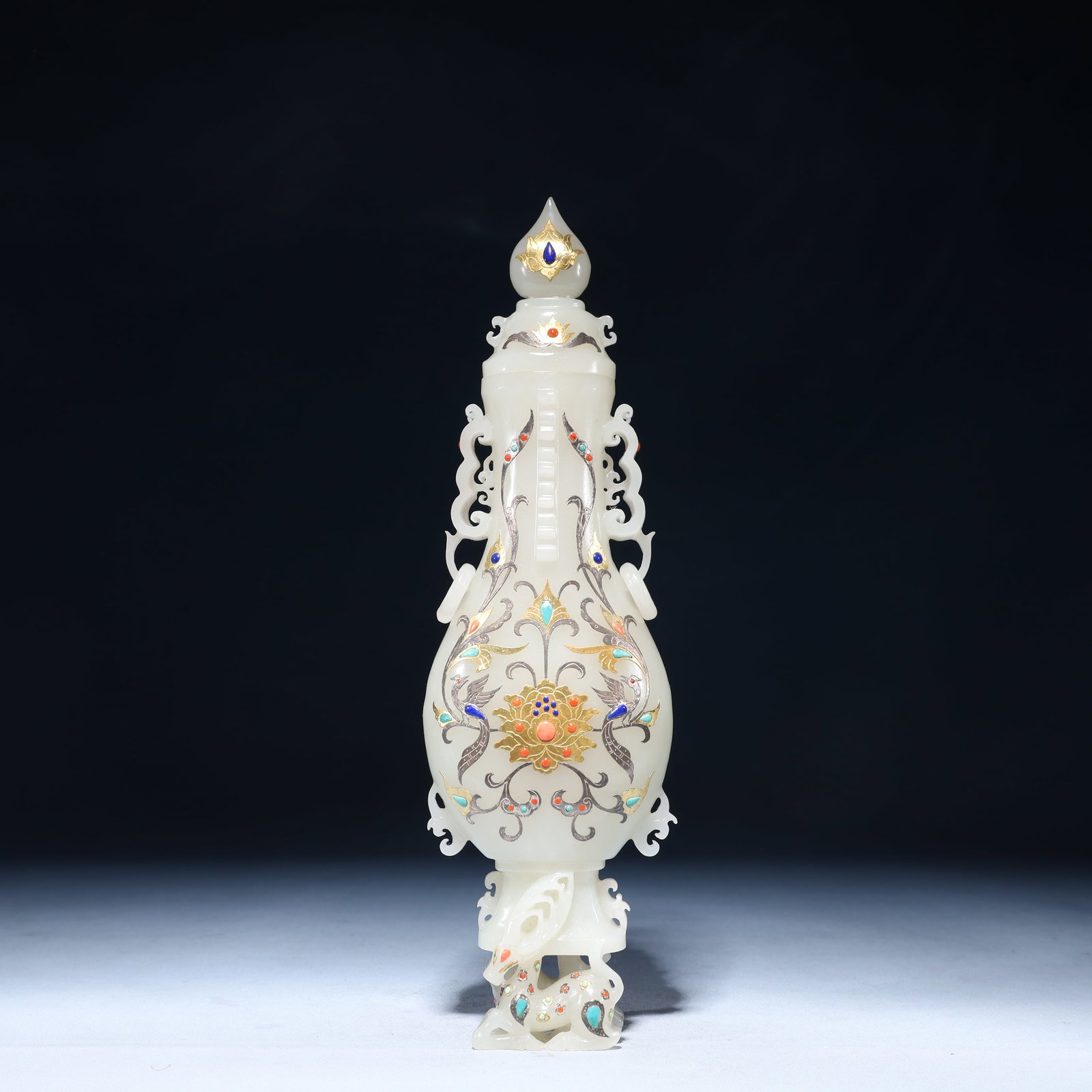 An Exquisite White Jade Inlaid Gilt Bronze Flower Pattern Double-Ears Vase: An Exquisite White Jade Inlaid Gilt Bronze Flower Pattern Double-Ears Vase, Qing Dynasty,China, Size:3.5inx2inx11in,Weight:750g 白玉嵌铜鎏金花卉纹