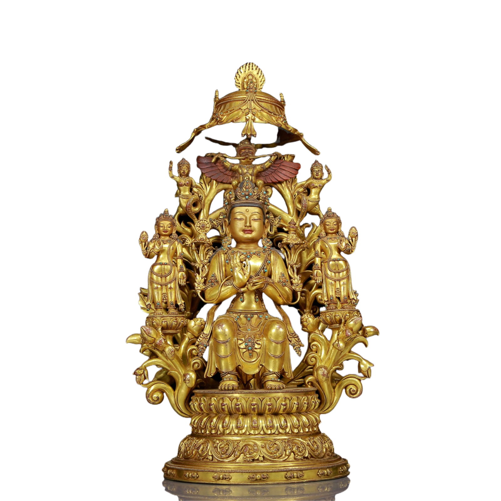solemn gilt bronze statue of Bodhisattva inlaid with turquoise: solemn gilt-bronze inlaid turquoise Bodhisattva statue Ming Dynasty, China. The Bodhisattva has a graceful and peaceful posture. His face is solemn and kind, and his eyes are deep, as if he can see in