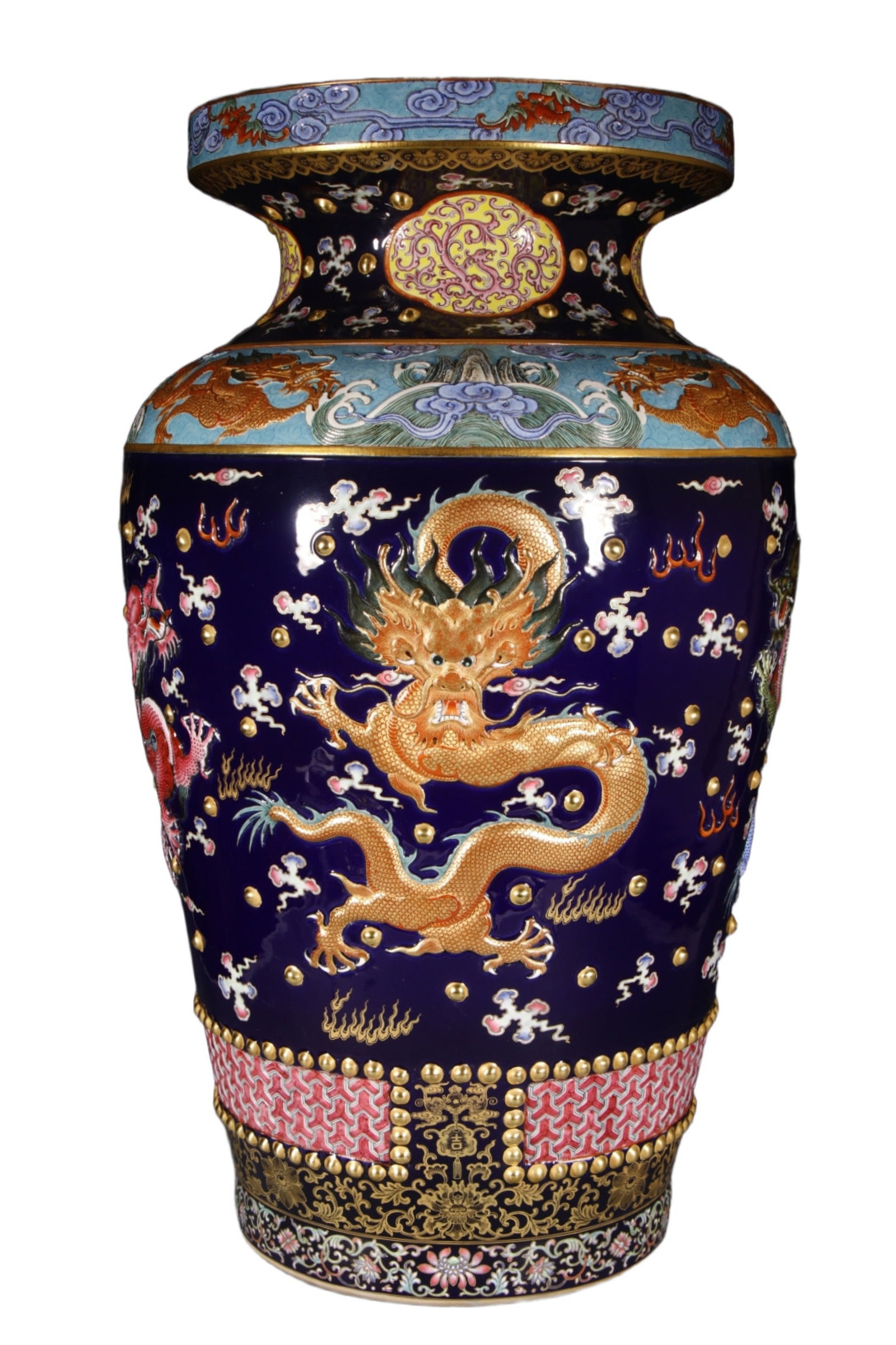 A Huge Ji Blue Glazed Enamel Painted Gold Auspicious Cloud and Dragon Pattern Vase: A Huge Ji Blue Glazed Enamel Painted Gold Auspicious Cloud and Dragon Pattern Vase, Qing Dynasty, China,Qianlong Four-character Mark,Size:30.3inx14inx11in 霁蓝釉珐琅ô
