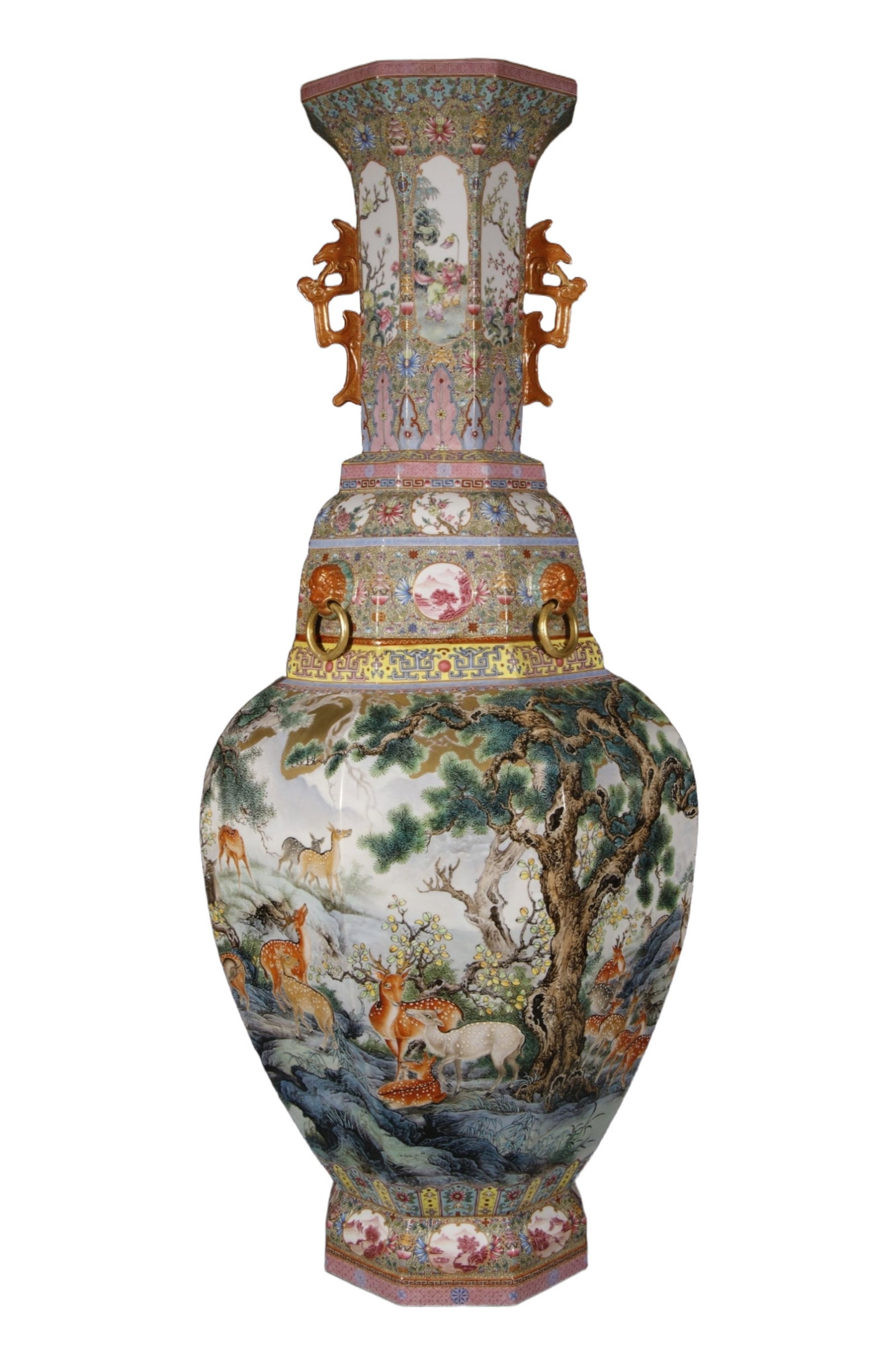 A Huge Enamel Painted Gold Pine and Deer Pattern Double-Ears Vase: A Huge Enamel Painted Gold Pine and Deer Pattern Double-Ears Vase, Qing Dynasty, China,Qianlong Four-character Mark,Size:36.6inx8.3inx8.5in 珐琅彩描金松鹿 