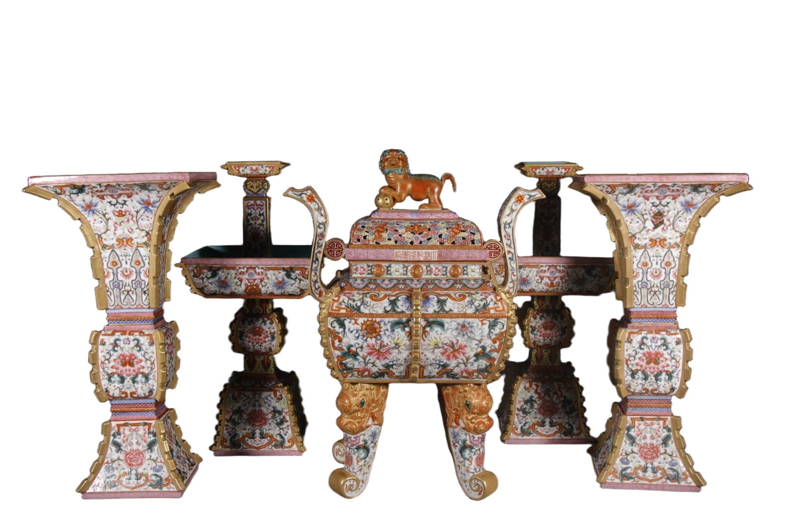 A Set of Huge Enamel Gilt Lotus Pattern Ornaments: A Set of Huge Enamel Gilt Lotus Pattern Ornaments, Qing Dynasty, China,Qianlong Six-character Mark,Size:(Censer)20.1inx7.9inx8.1in,(Candlestick)19.3inx8.7inx6.3in,(Vase)18.3inx8.9inx6.1in 一