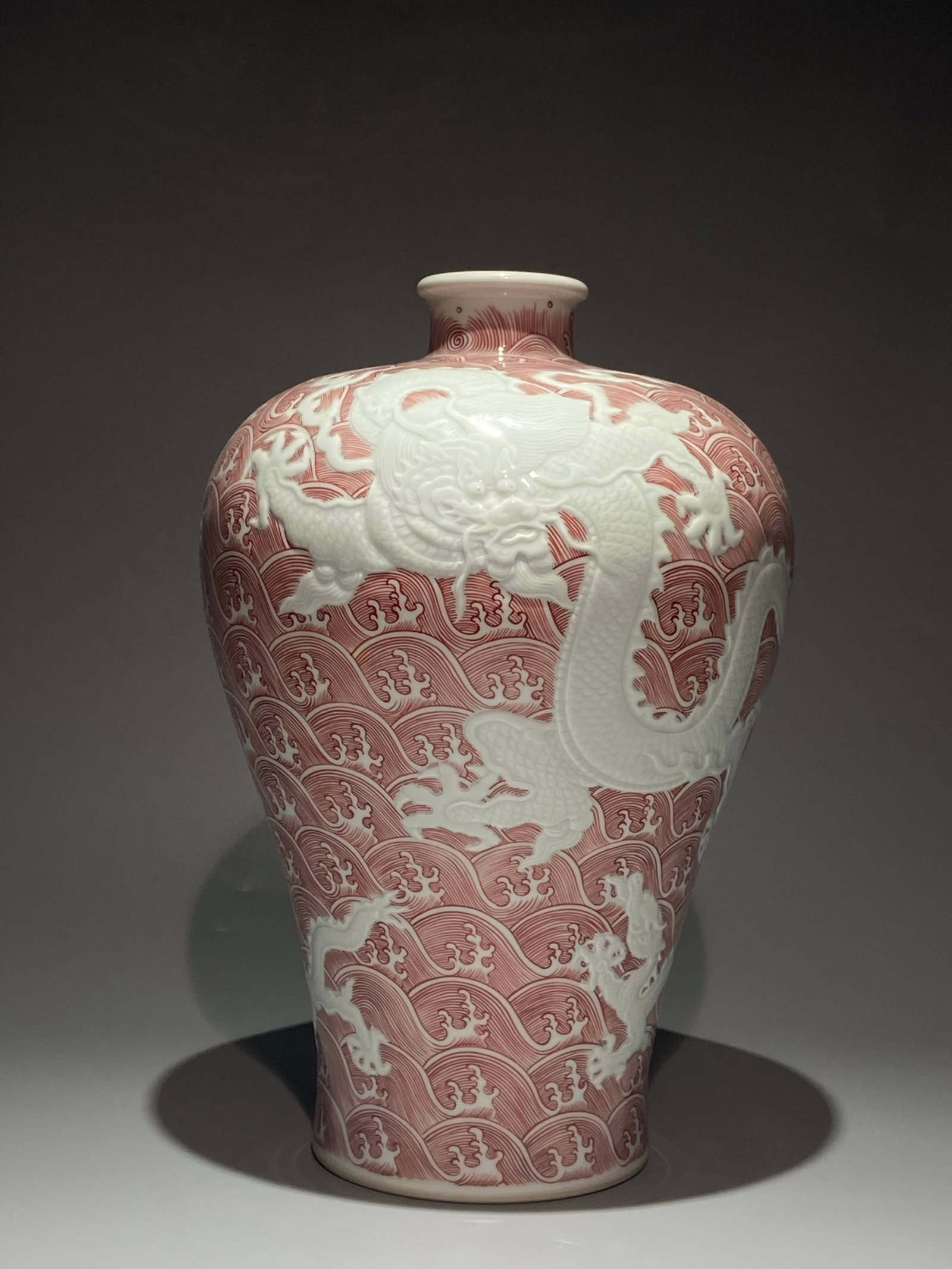 A Rare Underglaze-Red Seawater and Dragon Pattern Vase: A Rare Underglaze-Red Seawater and Dragon Pattern Vase,Qing Dynasty,China,Yongzheng Six-character Mark,Size:14inx9.4in 釉里红海水龙纹瓶,中国