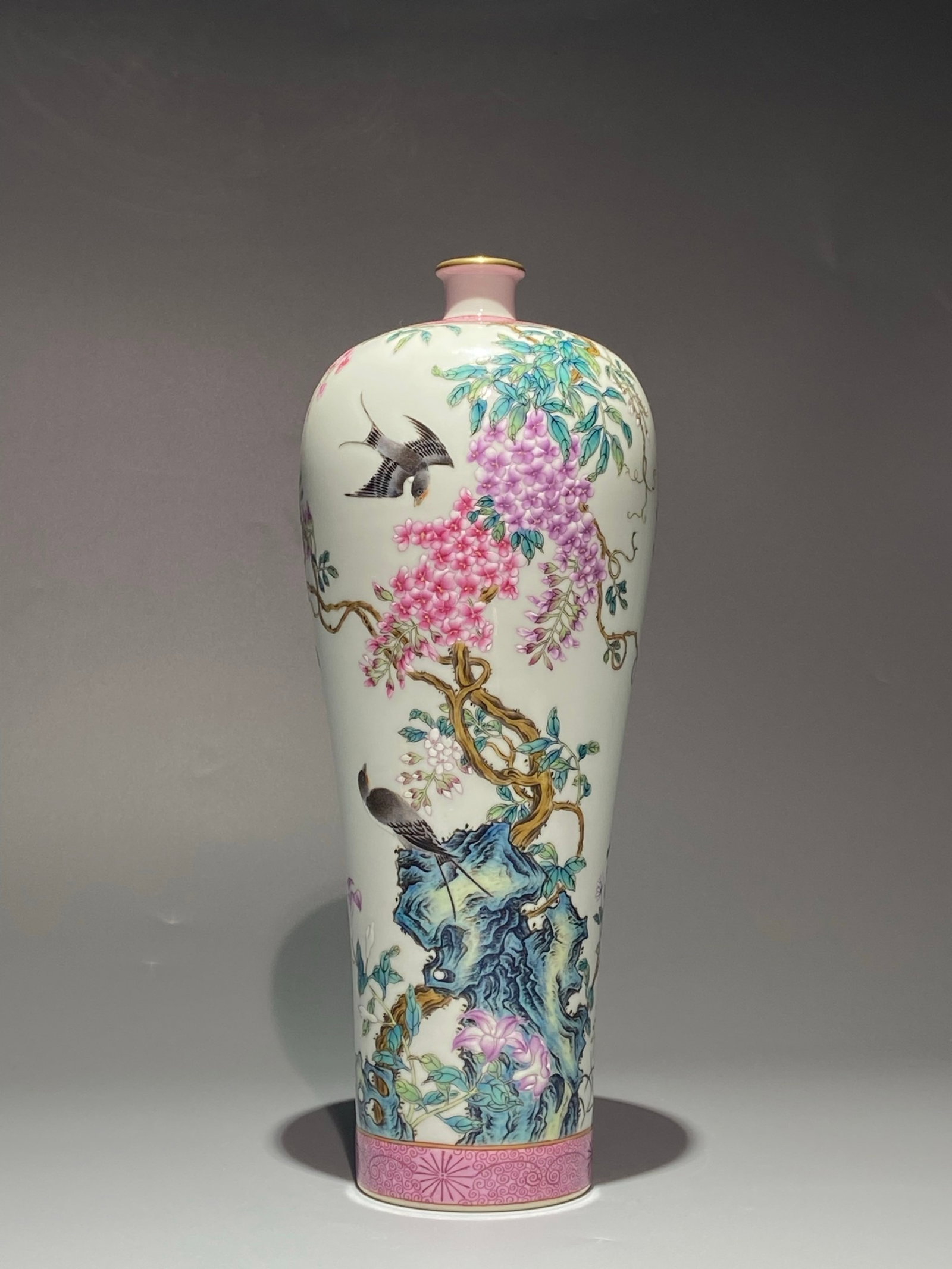 A Rare Famille-Rose Painted Gold Flower and Bird Pattern Vase,with poem: A Rare Famille-Rose Painted Gold Flower and Bird Pattern Vase,with poem,Qing Dynasty,China,Yongzheng Six-character Mark,Size:13inx5.1in 粉彩描金花鸟纹瓶