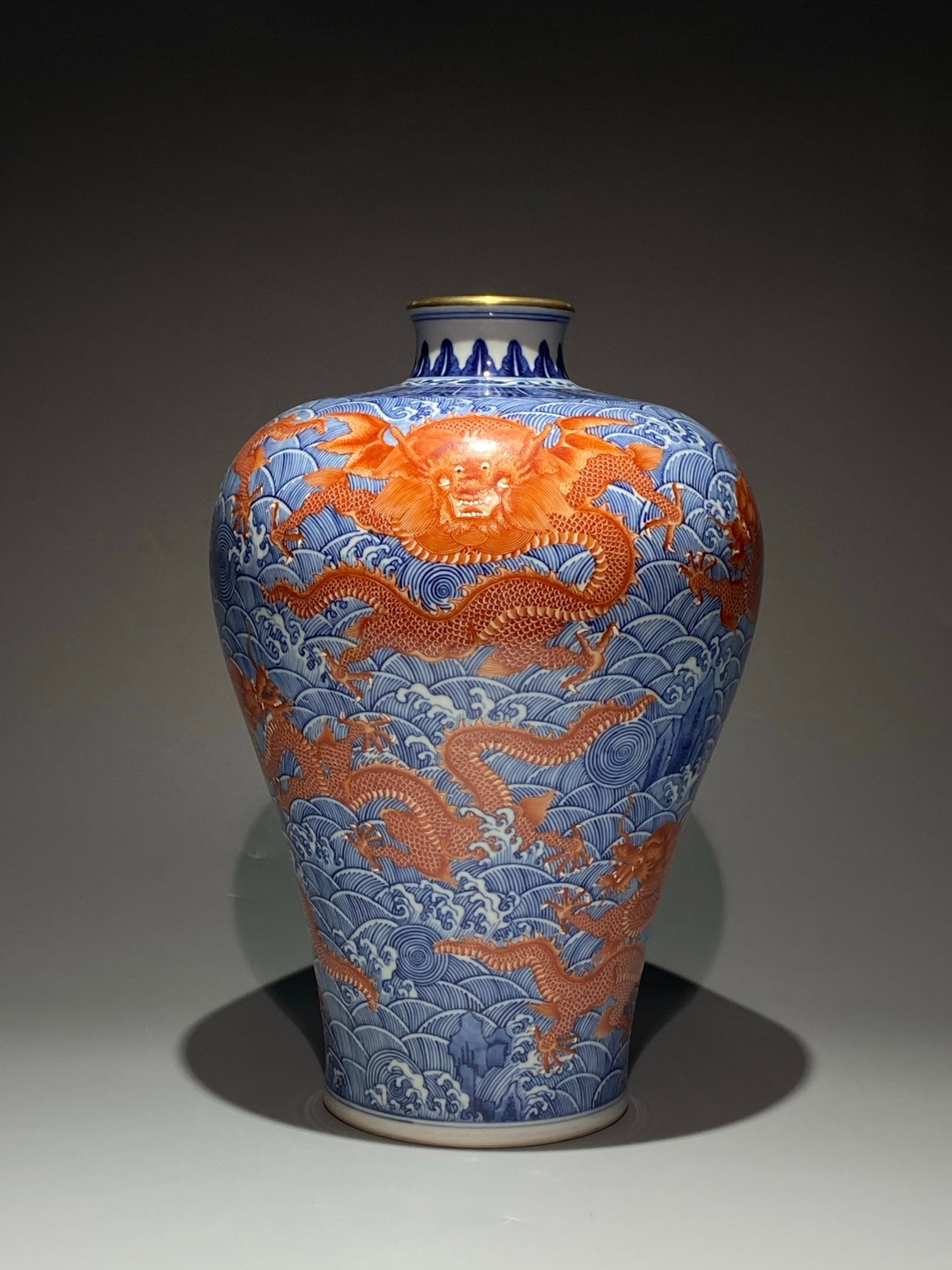 A Rare Blue and White Iron-Red Painted Gold Seawater and Dragon Pattern Vase: A Rare Blue and White Iron-Red Painted Gold Seawater and Dragon Pattern Vase,Qing Dynasty,China,Qianlong Six-character Mark,Size:13.6inx9.4in 青花矾红釉描金&#