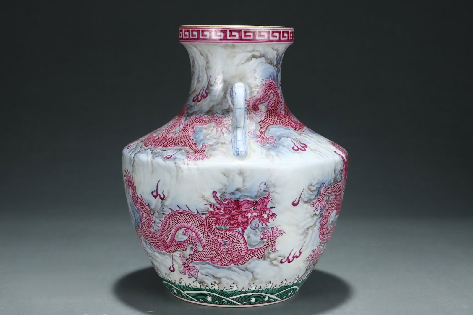 An Exquisite Ink Color Ruby Red-Glazed Auspicious Cloud Pattern Dragon Pattern Double-Ears Vase,With - 2