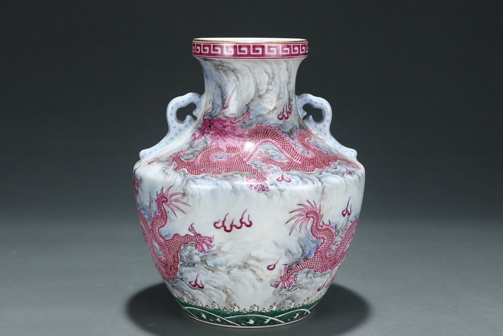 An Exquisite Ink Color Ruby Red-Glazed Auspicious Cloud Pattern Dragon Pattern Double-Ears Vase,With - 3