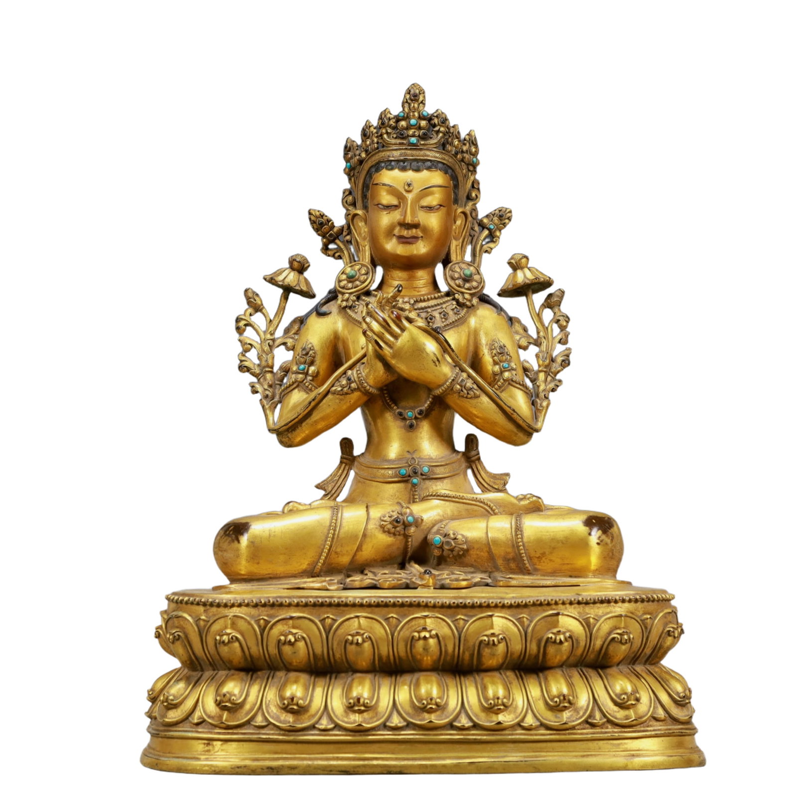 A Solemn Gilt Bronze Statue of Avalokitesvara,Inlaid Turquoise: A Solemn Gilt Bronze Statue of Avalokitesvara,Inlaid Turquoise,Ming Dynasty, China,Size:13inx9.1inx16.9in,Weight:10750g
