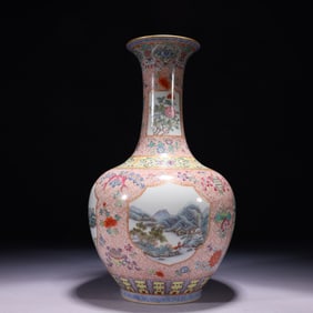 An Exquisite Famille-Rose Painted Gold Landscape Pattern Vase