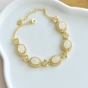 An Exquisite Sterling Silver-Gold Plated Inlaid White Jade Bracelets,Inlaid Diamond