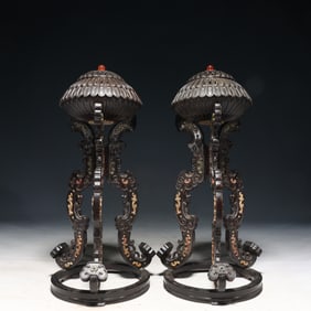 A Pair of Rare Eaglewood Inlaid White Jade Chi-Dragon Pattern Tripod Ornaments