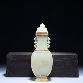 An Exquisite White Jade Gilt Double-Ears Bottle,with poem