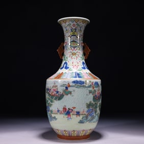 An Exquisite Famille-Rose Painted Gold Character and Story Pattern Double-Ears Vase
