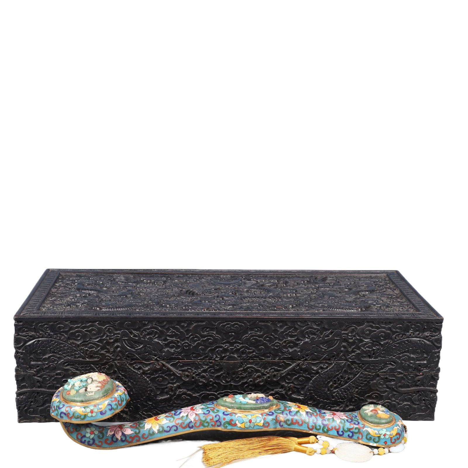 A Huge Cloisonne Inlaid Sapphire Lotus and Deer Pattern Ruyi,Inlaid Gems,With Auspicious Cloud and: A Huge Cloisonne Inlaid Sapphire Lotus and Deer Pattern Ruyi,Inlaid Gems,With Auspicious Cloud and Dragon Pattern Box,Qing Dynasty, China,Qianlong Four-character Mark,Size:16.5inx4.3inx3.5in,Weight:13