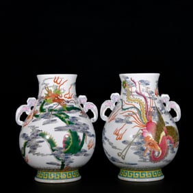 A Pair of Exquisite Enamel Dragon and Phoenix Pattern Double-Ears Vases