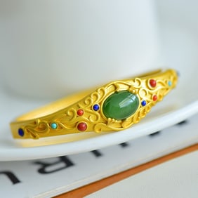 An Exquisite Sterling Silver-Gold Plated Inlaid Jasper Bracelet,Inlaid Gems