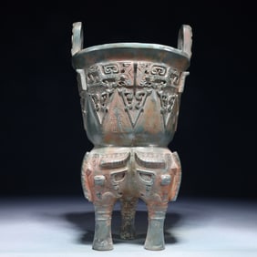 A Rare Bronze Beast-Face Pattern Double-Ears and Tripod Censer,With Inscription