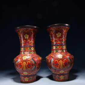 A Pair of Exquisite Cloisonne Flower Pattern Vases