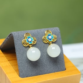 A Pair of Exquisite Sterling Silver-Gold Plated Inlaid White Jade Enamel Earrings,Inlaid Pearls
