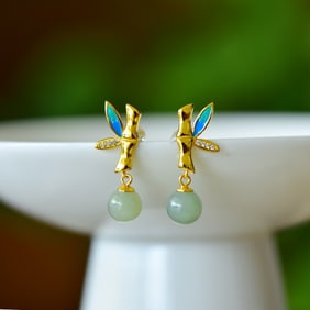 A Pair of Exquisite Sterling Silver-Gold Plated Inlaid Greenish Jade Enamel Earrings,Inlaid Diamond