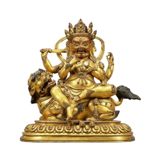 A Solemn Gilt Bronze Statue of Mammon Rides the Lion,Inlaid Turquoise,With Inscription