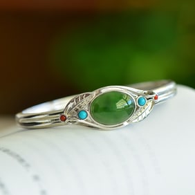 An Exquisite Sterling Silver Inlaid Jasper Bracelet,Inlaid Gems