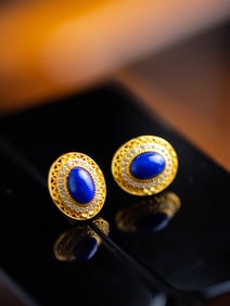 A Pair of Exquisite Sterling Silver-Gold Plated Inlaid Lapis Lazuli Earrings,Inlaid Diamond