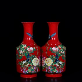 A Pair of Exquisite Red Glazed Enamel Flower and Bird Pattern Vases,With Poem