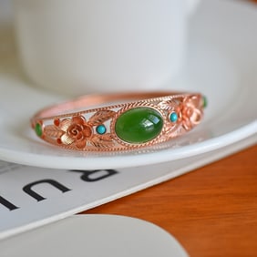 An Exquisite Sterling Silver Inlaid Jasper Flower Pattern Bracelet,Inlaid Gems